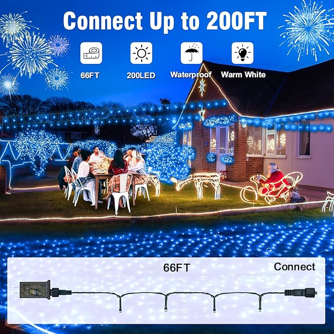 Nisocy 66FT 200 LED Blue String Lights with Green Wire, Waterproof Seasonal Fairy Lights with 8 Modes, Indoor Outdoor Decorative Lighting for Christmas Tree, Party, Garden, Patio