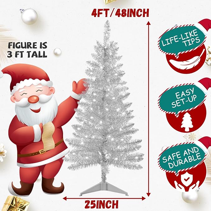 4ft Artificial Full Silver Christmas Tree with Separate Lights, Not Pre-lit Mini Silver Tinsel Pine Christmas Tree, 50 Lights, Small Xmas Tree for Home, Office, Party Decoration, Indoor