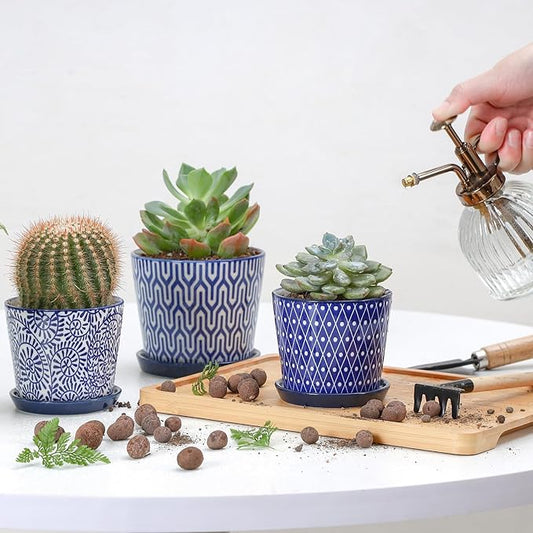 Selamica Ceramic Succulent Pots, 3.4 Inch Small Pots for Plants with Drainage Holes and Saucers, Succulent Planters for Indoor Plants, Cactus, Home Decor, Set of 4, Vintage Blue