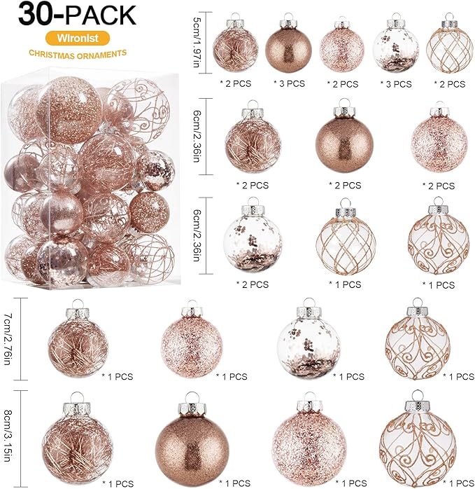 Wironlst Christmas Ball Ornaments Shatterproof Clear Large Plastic Hanging Ball Decorative Baubles Set with Stuffed Delicate Decorations (Multi-Size, Rose Gold)