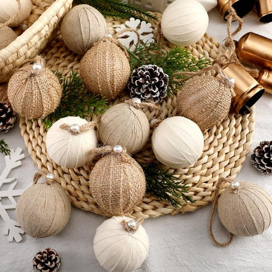 Syhood 12 Pcs Rustic Christmas Ball 2.36 Inch Neutral Farmhouse Christmas Tree Ornaments Shatterproof Hanging Cottage Burlap Fabric Textured Ball for Xmas Tree Party Garlands Wreath Home Decor