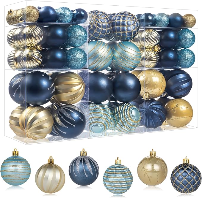 100PCS Blue and Gold Christmas Ornaments Set, Shatterproof Christmas Ball Ornaments Bulk, Assorted Decorations Baubles Hanging Ornaments for Christmas Trees Holiday Party Decor (Blue & Gold)