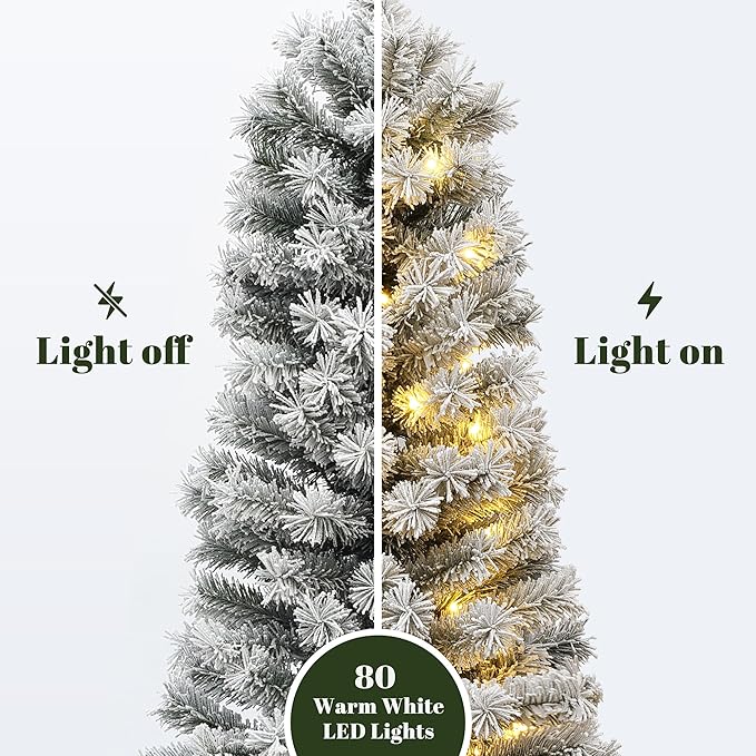 LuxenHome 5FT Potted Flocked Christmas Tree, Small Christmas Tree Prelit with 80 Warm White LED Lights, Lighted Pencil Artificial Christmas Trees with Square Planter Pot for Indoor, Outdoor
