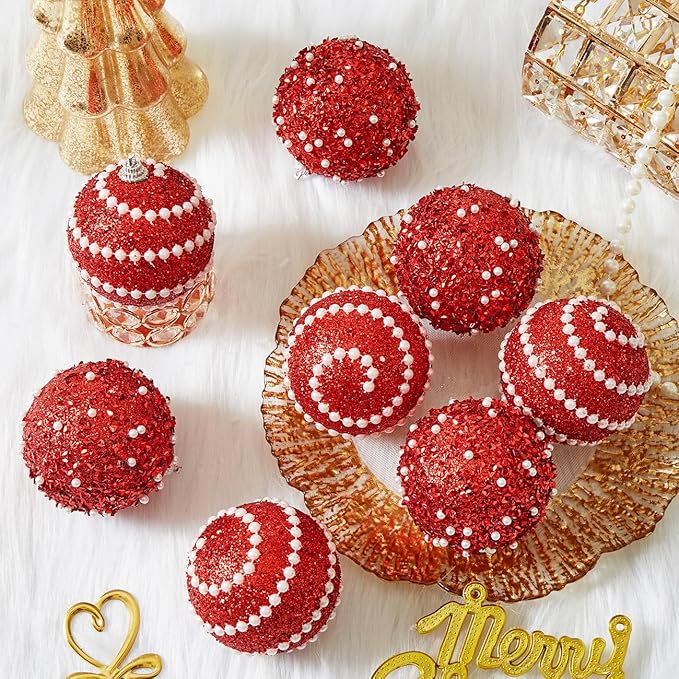 Red Christmas Ball Ornaments,12ct Christmas Tree Shatterproof Plastic Hanging Sequin Xmas Balls for Festivals Holiday Party Decorations(70mm/2.76")
