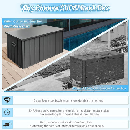 Outdoor Storage Box, 120 Gallon Metal Deck Box Built-in a Oxford Fabric Storage Bag, Lockable & Waterproof Outside Patio Storage Box for Cushions, Pillows, Pool Floats- Grey