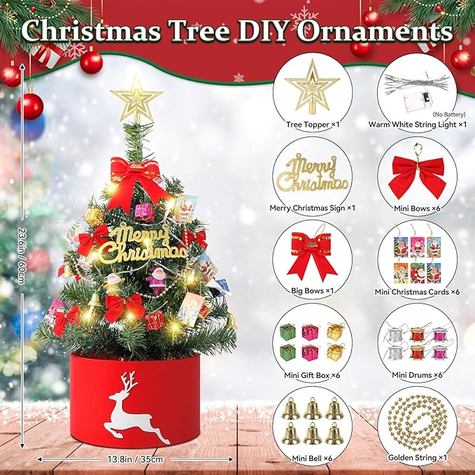 2FT Mini Christmas Tree with Lights, Pre-Lit Artificial Christmas Tree with Tree Skirt & Star Topper, Green Tabletop Xmas Tree for Home, Office, Bedroom, Party Decor (Battery Not Included)