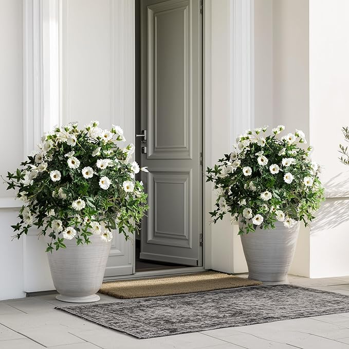 Artificial Flowers Artificial Petunias for Outdoors 2PCS Artificial Hanging Plants Outdoors Silk Flowers with Stems Outdoor Flowers Uv Resistant for Porch DecorTerrace Decor（White）Without Pot