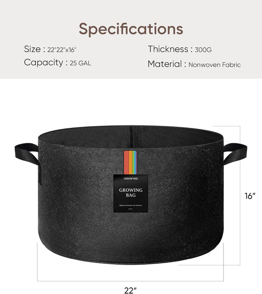 The Growing 5 Pack 25 Gallon Fabric Grow Bags，Thickened Aeration Nonwoven Fabric Plant Pots with Durable Handles,Heavy Duty 300G Planter Pot for Tomato, Fruits, Vegetables and Flowers, Black