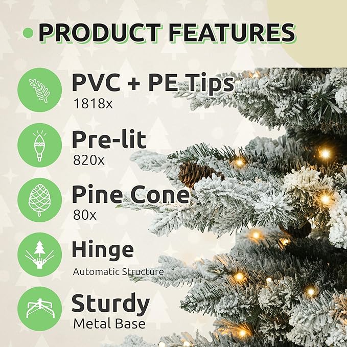 GOOBED 9FT Pre-Lit Flocked Spruce Christmas Tree with 820 Lights & 1818 Tips, Pre-Decorated Mountain Pine Layered Spruce Christmas Tree w/Remote, 11 Modes & 3 Timers for Home, Porch & Holiday Decor