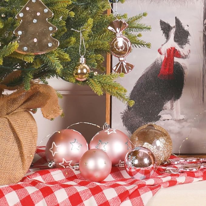 Alupssuc 65pcs Christmas Balls Ornaments Set, Shatterproof Plastic Baubles Gold Gingerbread House, and Tree Topper for Xmas Tree Holiday Wedding Party Decorations with Hanging Strings, Macaron Pink