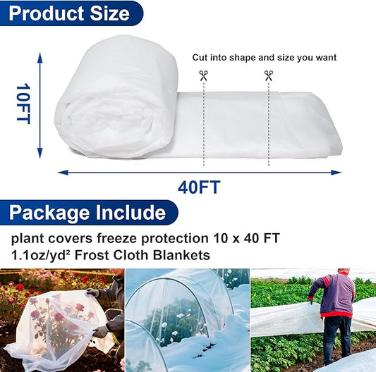 Plant Covers Freeze Protection, 10 * 40FT 1.1 oz/yd² Large Thick Frost Blankets for Outdoor Plants in Winter, Floating Row Cover for Vegetable Garden, Frost Cloth Plant Freeze Protection