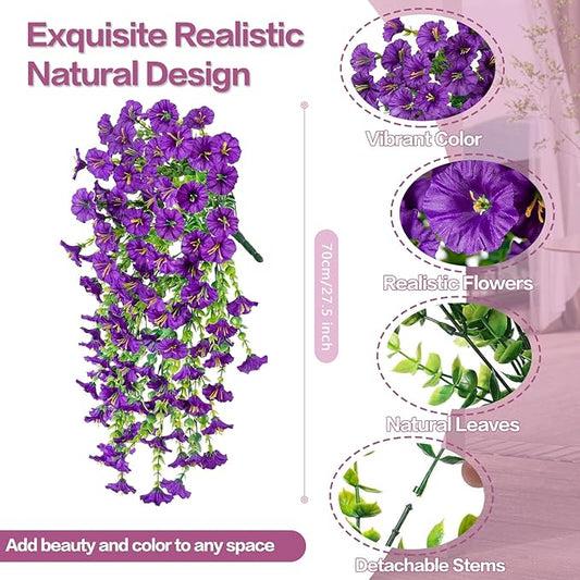 Rich and Eye-catching 5 PCS Artificial Hanging Flowers，Silk Morning Glory Faux Flowers with Eucalyptus Leaves,uv Resistant Fake Hanging Petunias Plants for Yard Decoration(Purple)