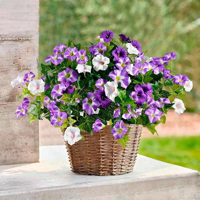 Artificial Flowers for Outdoors 2 Pack UV Resistant Petunias with Real Touch Plastic Leaves, Faux Flowers for Outdoor Planters, Silk Flowers for Outside Garden Porch Window Patio Home Decor, Purple