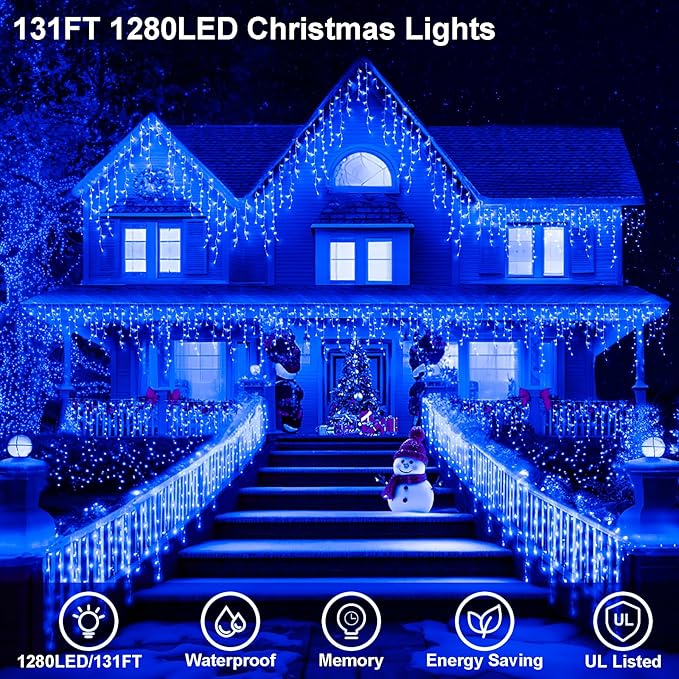 JXLEDAYY Christmas Lights Super Long 1280 LED 131 FT LED String Lights with 240 Drops Plug in 8 Modes Christmas Decoration for Holiday Wedding Party Bedroom Garden Patio Outdoor Indoor (Blue)