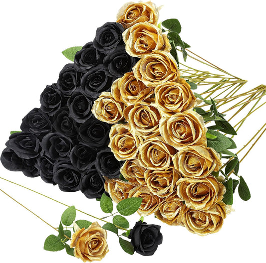36 Pcs Silk Black Gold Rose Bouquet Bridal Artificial Flowers,Fake Rose Long Stem Realistic Flowers Bulk for Wedding Bouquet Ball Arrangement Centerpiece Party Decor