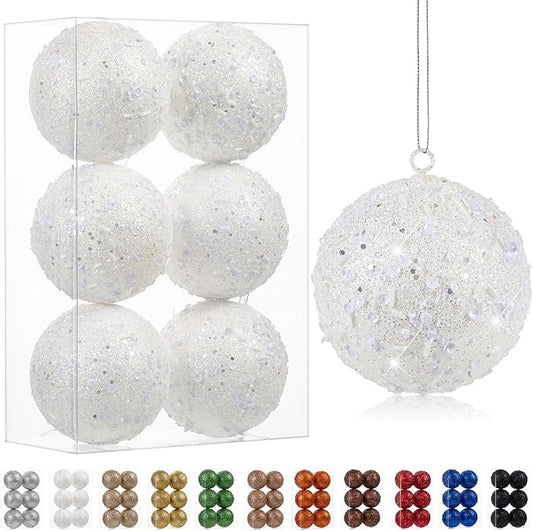 4" Large Christmas Balls Ornaments 6 Pcs Shatterproof Big White Christmas Ornaments for Tree Bulk Glitter Big Xmas Tree Ornament for Xmas Halloween Holiday Wedding Party Decoration