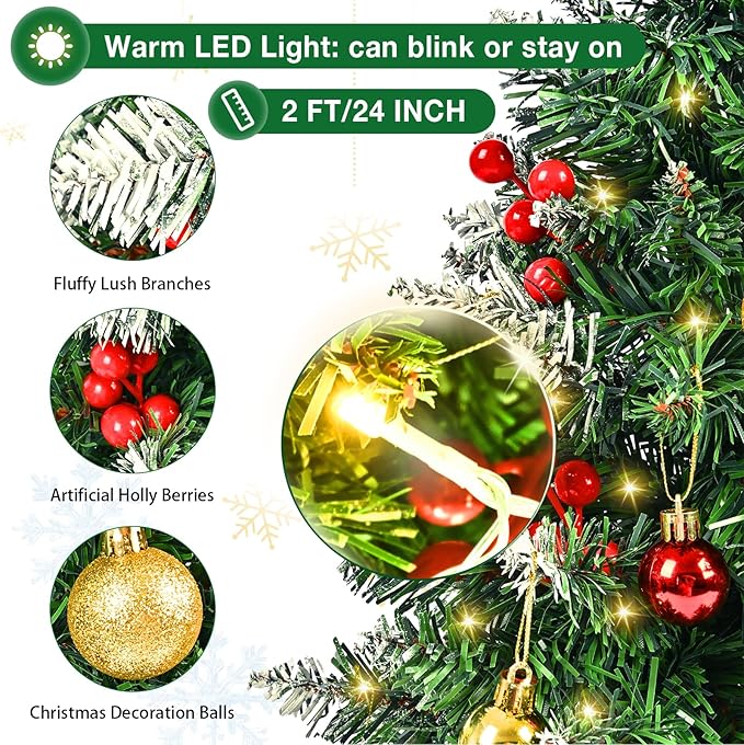 Mini Christmas Tree with Lights, 24 Inch Tabletop Christmas Tree with Berries Star Treetop Ornaments Balls Artificial Small XMS Tree for Table Desk Home Christmas Holiday Decor