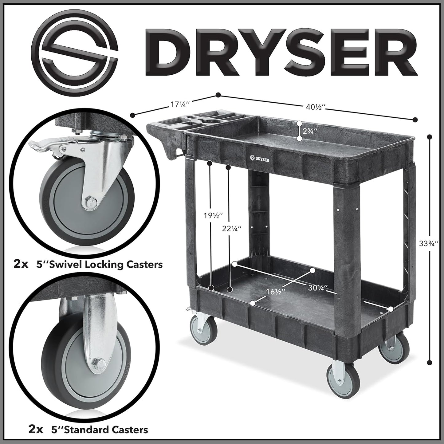 Dryser Utility Cart with Wheels, 40" x 17" Heavy Duty 550 lb. Capacity with Shelves - 2 Tier Rolling Cart with Two 5" Swivel Casters for Warehouse, Garage, Cleaning