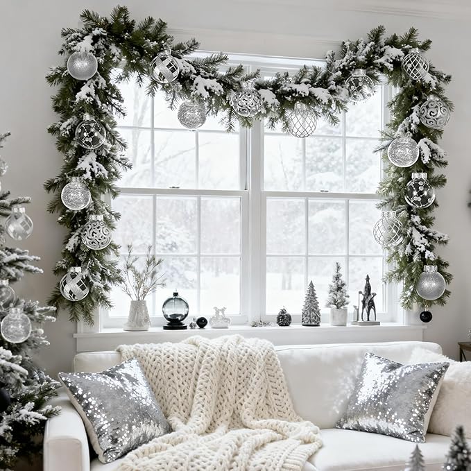 Ouddy Decor 36 Pcs Clear Christmas Ball Ornaments, 2.36" Shatterproof Silver Plastic Christmas Ornaments Set Decorative Hanging Transparent Baubles for Xmas Tree Holiday Party Decor, Silver