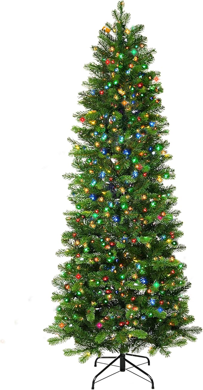 6.5ft Pre-Lit Slim Christmas Tree Douglas Fir with 162 PE& 478 PVC Branches, Hinged Sections & Metal Stand,300 Dual Color LED Lights with 10 Modes for Holiday Decoration