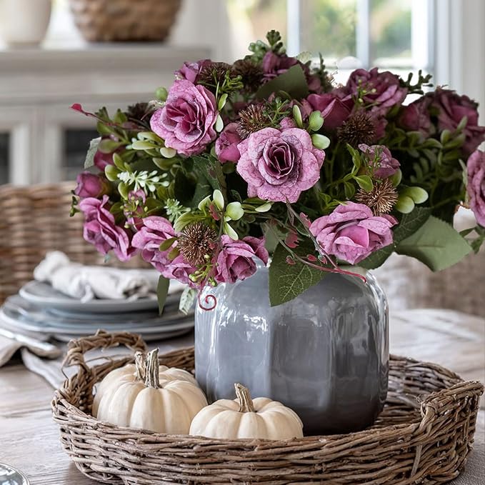 3 Bundles Fall Artificial Flowers Bouquet, Autumn Fake Roses Bouquet Faux Fall Floral Arrangements for Centerpiece Table Wedding Party Home Decor (Purple Rose Red)