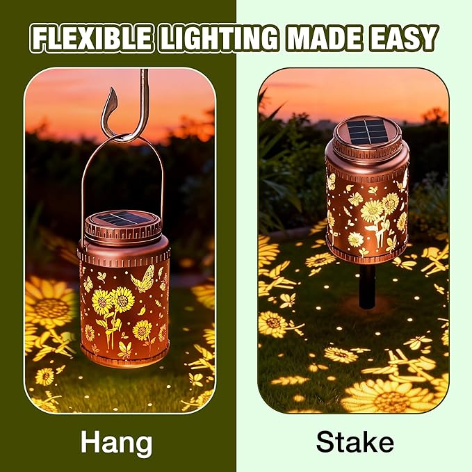Cooo 2 Pack Solar Lanterns Outdoor Waterproof Sunflower Butterfly Solar Pathway Lights Landscape Path Christmas Gifts for Women Mom Grandma for Outdoor Table Lamps Garden Yard Backyard Decor-Rose Gold
