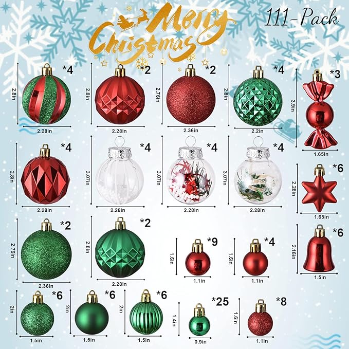111-Pack Christmas Balls Ornaments, Assorted Shatterproof Christmas Ornaments Set, Xmas Seasonal Luxurious Hanging Pendants for Christmas Tree Party Holiday Indoor Decor (Assorted,Green,red)