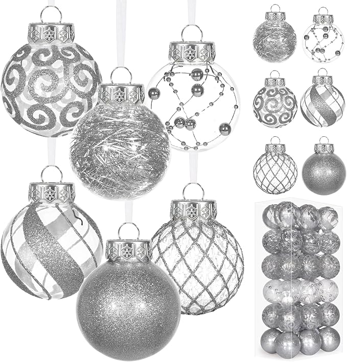 Ouddy Decor 36 Pcs Clear Christmas Ball Ornaments, 2.36" Shatterproof Silver Plastic Christmas Ornaments Set Decorative Hanging Transparent Baubles for Xmas Tree Holiday Party Decor, Silver