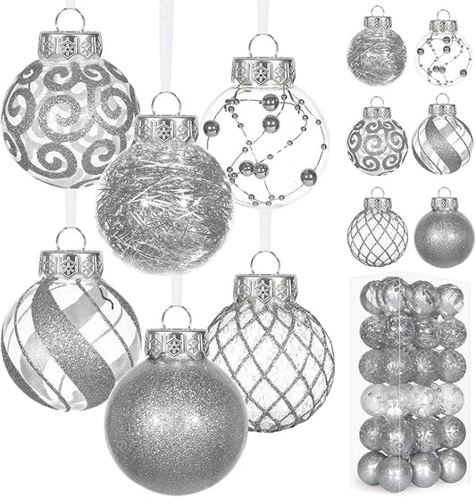 Ouddy Decor 36 Pcs Clear Christmas Ball Ornaments, 2.36" Shatterproof Silver Plastic Christmas Ornaments Set Decorative Hanging Transparent Baubles for Xmas Tree Holiday Party Decor, Silver