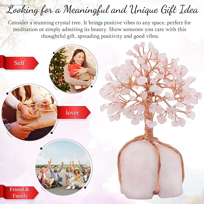Crocon Rose Quartz Crystal Tree with Rose Quartz Stone Base Tree of Life Decor for Bedroom, Birthday Gifts for Women, Sister Gift, Birthday Gifts for Mom, Cute Home Decor Pink Housewarming Present