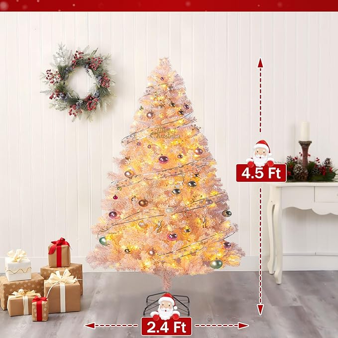 4.5ft Prelit Pink Artificial Christmas Tree with 100 Warm White LED Light, Full Snow Flocked Xmas Tree Featuring 400 Realistic Branch, Easy Hinged Assembly for Home Office Party Decoration