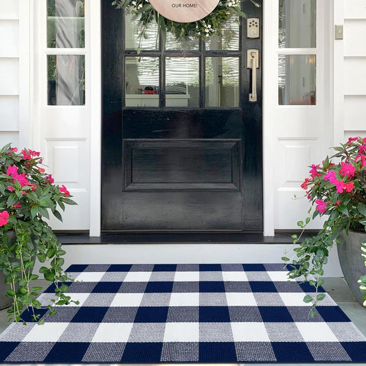 IOHOUZE Buffalo Plaid Checkered Rug 27.5" X 43" Front Door Mats, Washable Area Rugs for Front Porch Decor, Spring Summer Welcome Mats Outdoor, Navy White Rug for Farmhouse/Entryway/Home Entrance