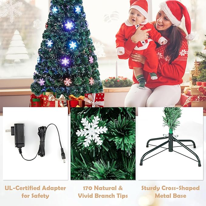 Goplus 5ft Pre-Lit Fiber Optic Christmas Tree, Artificial Xmas Full Tree with Colorful Snowflake LED Lights, 170 Branch Tips, Foldable Metal Base, for Office Home Holiday Decor