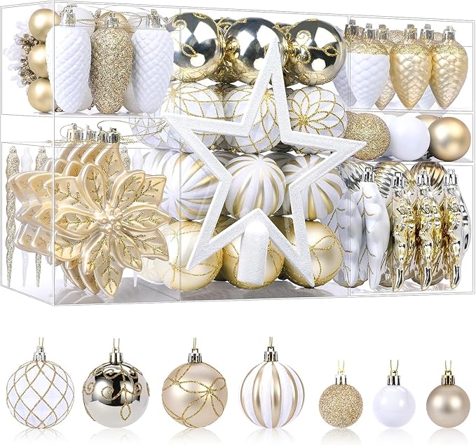 SHareconn 106PCS Christmas Balls Ornaments Set, Colorful Shatterproof Plastic Decorative Baubles for Xmas Tree Decor Holiday Wedding Party Decoration with Hanging Hooks, Gold &White
