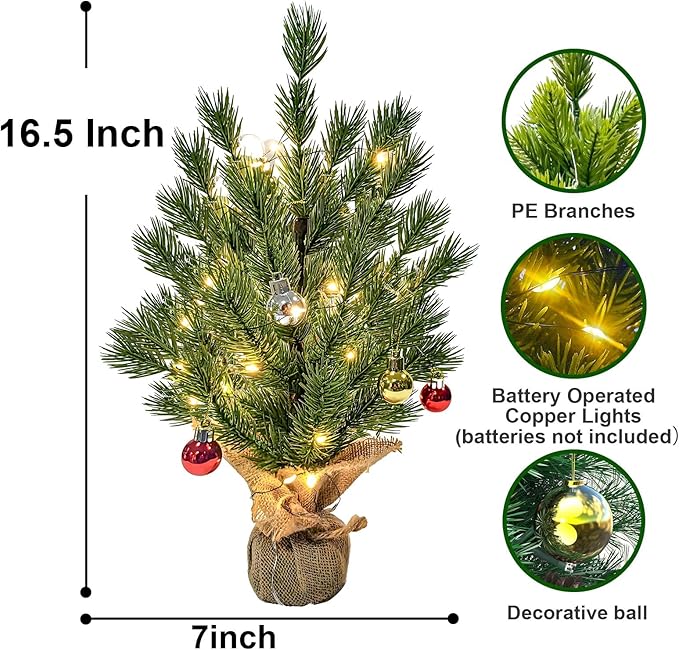 LACHARM 2 Pack 16 Inch Mini Christmas Tree, Tabletop Christmas Tree with Battery Operated Copper Lights and Hanging Ornaments, Small Xmas Tree for Home, Office, Kitchen Table Christmas Decoration
