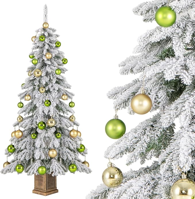 HAPPYGRILL 6 FT Unlit Artificial Christmas Tree Set of 2, Hinged Xmas Tree with 589 Flocked Branch Tips, 48 Xmas Balls, Vintage Cement-Filled Flowerpot & Gloves, Potted Decoration Tree