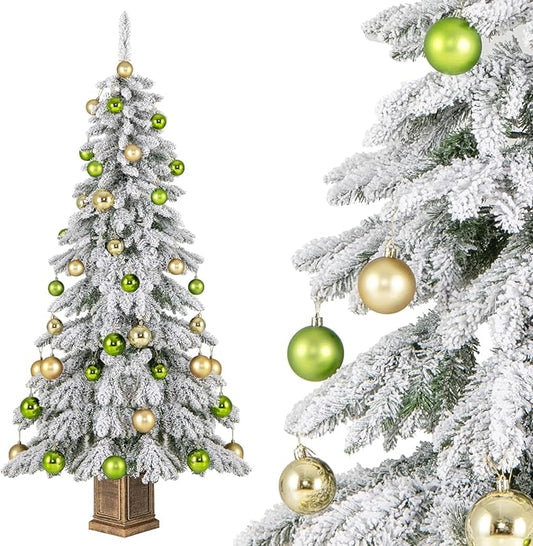 HAPPYGRILL 6 FT Unlit Artificial Christmas Tree Set of 2, Hinged Xmas Tree with 589 Flocked Branch Tips, 48 Xmas Balls, Vintage Cement-Filled Flowerpot & Gloves, Potted Decoration Tree