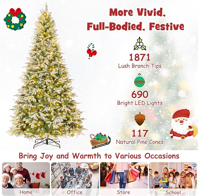 Goplus 9 FT Pre-Lit Artificial Christmas Tree, Snow Flocked Hinged Xmas Tree with 690 Warm-White LED Lights, 1871 Tips, 117 Pine Cones, Lighted Xmas Tree for Office Home Decoration