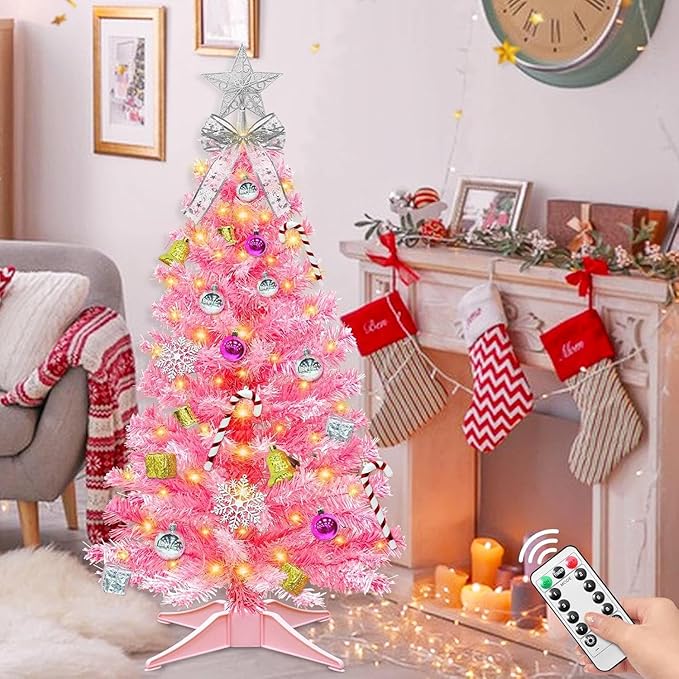 Valentines Day Decorations-3 FT Artificial Valentines Christmas Tree,Tabletop Small Christmas Tree with 50 Warm White & Multicolor Changing Lights Timer 8 Modes DIY Ball Ornaments Holiday Decoration