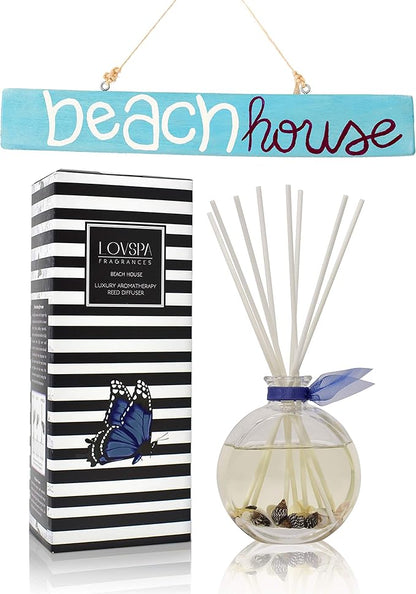 LOVSPA Reed Diffuser Set, Beach House Scented Oil Diffuser with Sticks, Home Fragrance Accessories for Bathroom Shelf Decor, Aroma Diffusers for Home or Office Desk, USA Made