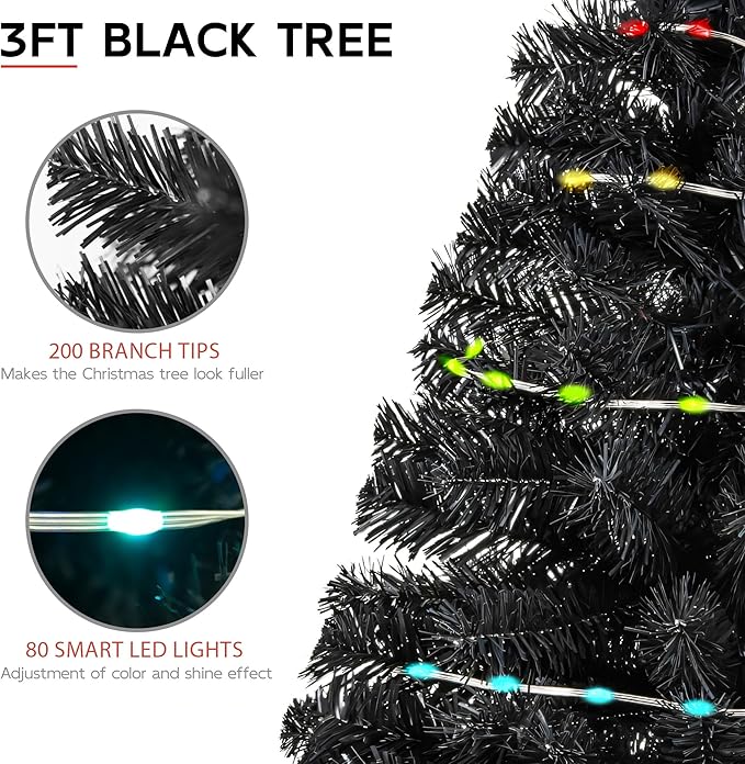 Black 3ft Christmas Tree with Lights, Small 36inch Artificial Tree Mini Table Top Decorations, Xmas Desk Tree with 80 Colored Lights, 200 Branch, Holiday Decor for Home,Indoor Office Tabletop