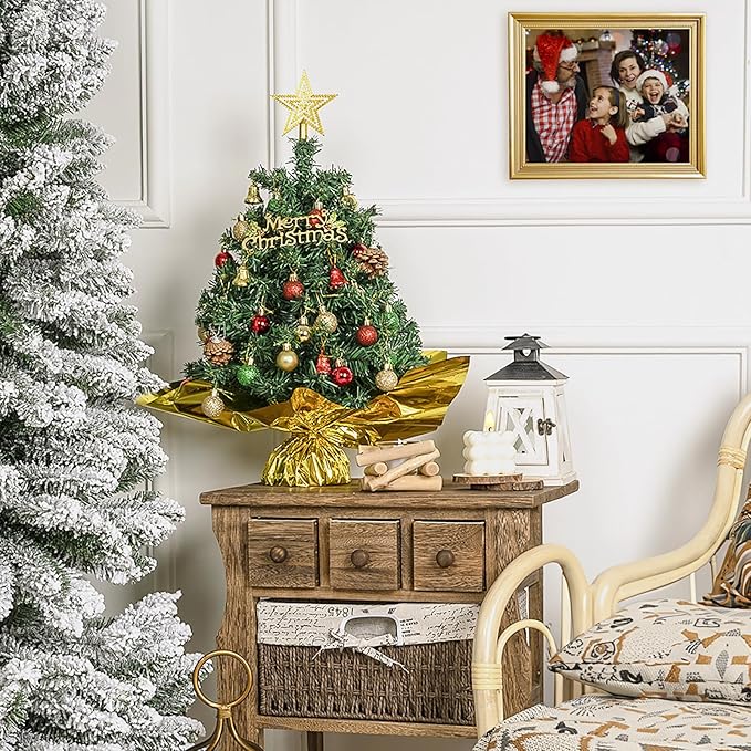 XmasExp 20in Mini Christmas Tree Artificial Small Christmas Tree with Lights,Star Treetop,Ornaments Balls,Bells and Pine Cones DIY Xmas Decorations Green