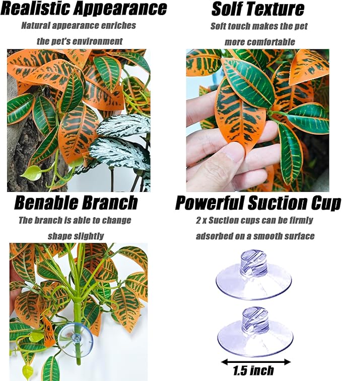 Woyrise Reptile Plants, Terrarium Hanging Plant Vines, Artificial Leaves with Suction Cup, Bearded Dragon Tank Accessories for Gecko Lizard Snake Frog Tortoise Decorations - Codiaeum Variegatum