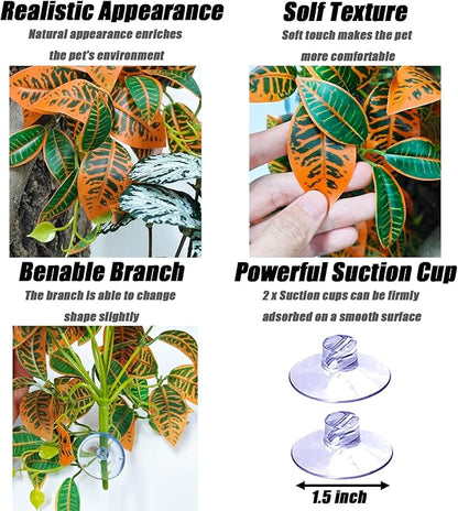 Woyrise Reptile Plants, Terrarium Hanging Plant Vines, Artificial Leaves with Suction Cup, Bearded Dragon Tank Accessories for Gecko Lizard Snake Frog Tortoise Decorations - Codiaeum Variegatum