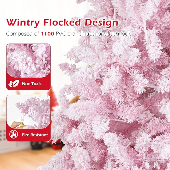 HAPPYGRILL 7.5FT Pre-Lit Pink Christmas Tree Snow Flocked Christmas Tree with 1100 Branch Tips, 450 Warm Lights, 8 Lighting Modes, Artificial Xmas Tree for Holiday Decor