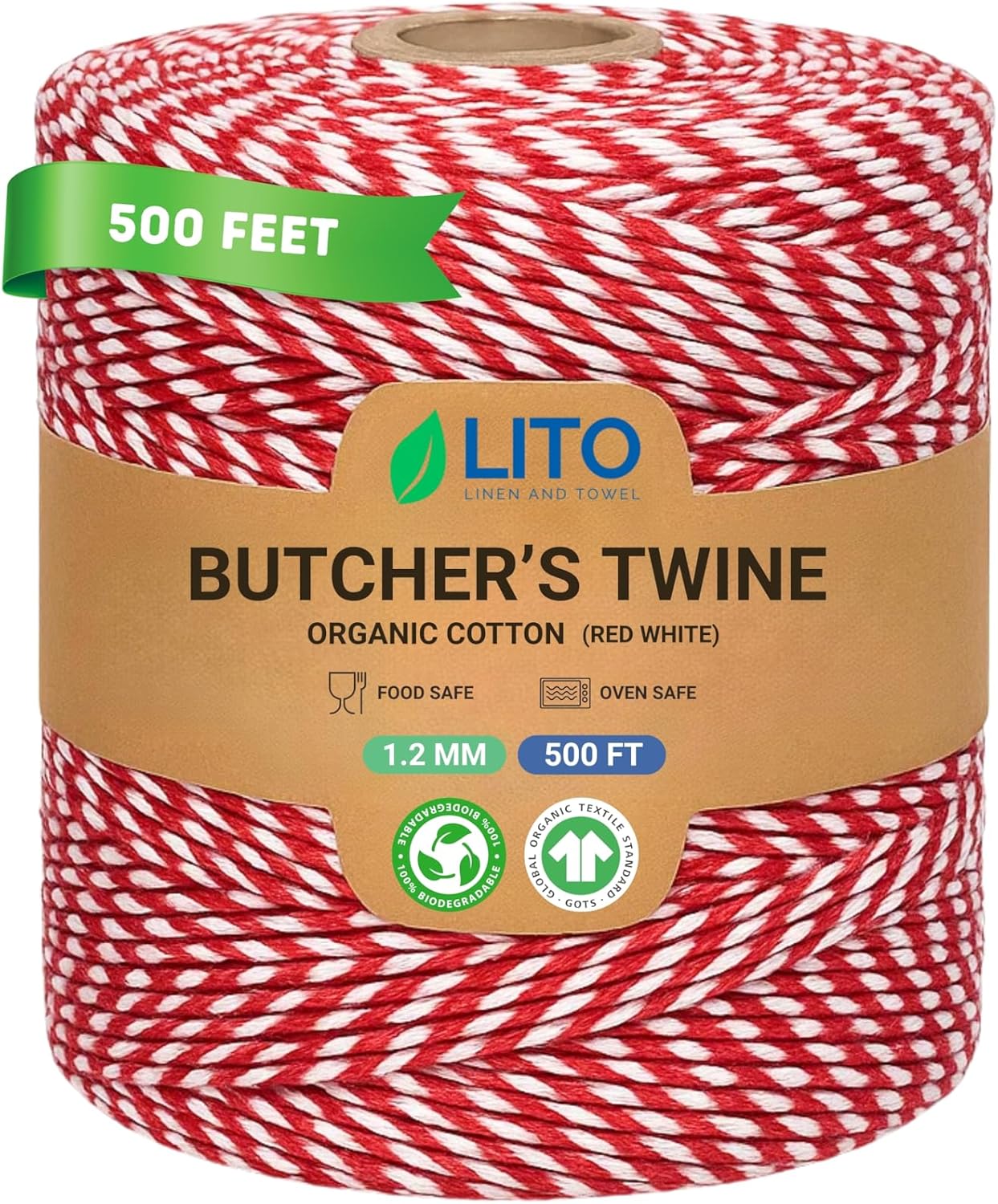 Red and White Organic Twine Cotton String - 500 Feet Wrapping, Baking, Butcher, Crafts, DIY Projects, Easter, Christmas