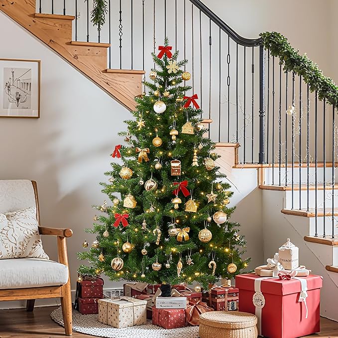 SHareconn 80ct Christmas Balls Ornaments Set, Shatterproof Plastic Colorful Xmas Decorative, Baubles for Tree Decorations with Hanging Strings,Deep Shallow Gold