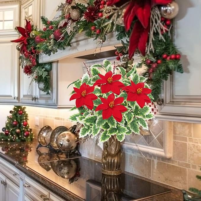 HUAESIN 4pcs Poinsettia Flowers Artificial Christmas Cemetery Flowers with Holly Leaves Faux Red Velvet Poinsettia Indoor Outdoor Long Stem Floal Arrangment for Crafts Vase Table Home Decor