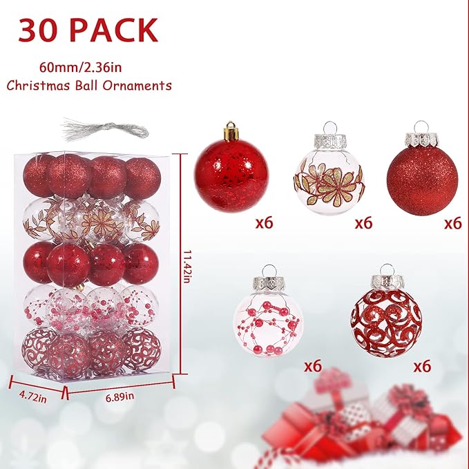 60mm/2.36inch Clear Christmas Ball Ornaments Set, 30 ct Red Christmas Ornaments Balls for Christmas Tree Decorations Shatterproof Transparent Baubles with Delicate Stuffed Decoration for Wedding Party