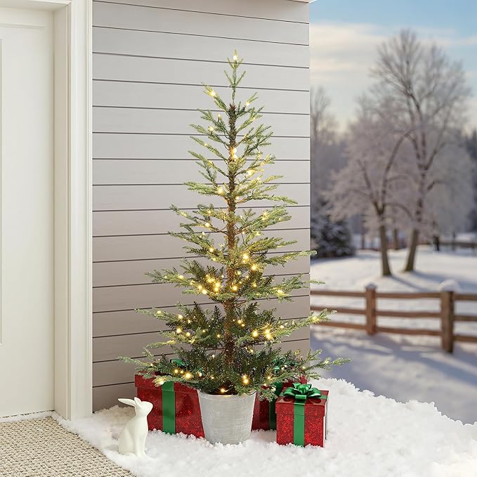 LuxenHome 5FT Potted Christmas Tree with Lights, Slim Small Christmas Trees with 200 Warm White LED Lights, Realistic Fir Artificial Xmas Tree with White Pot for Holiday Display